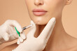 © Home-stock - Cosmetologist holding syringe near woman's chin, beauty injections with fillers for chin shape correction, procedure chin contouring