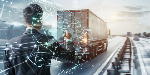 Wall Mural - double exposure shot featuring a businessman in a suit, drawing a glowing global network and data connection diagram on a transparent digital screen. In the background, a truck is