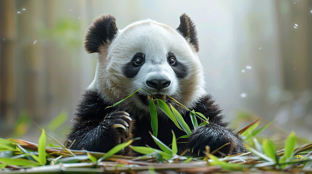 Cute panda bear munching on bamboo on a white background