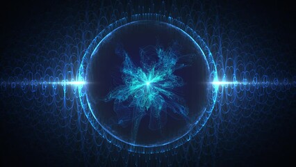 seamless loop background with blue energy structure morphing inside a spherical field. glowing patte