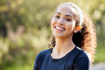 Poster - Happiness, portrait and woman in nature for fitness, exercise and mockup outdoors. Female person, smile and break from training for confidence, workout and calm or wellness in park in sunshine