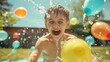 © thesweetsheep - Joyful Child Playing with Water Balloons in Backyard on Sunny Day