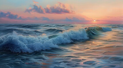 Wall Mural - Evoking feelings of tranquility and awe, a vibrant seascape painting depicts crashing ocean waves under a stunning sunset sky.