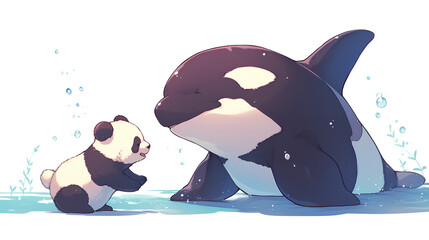Wall Mural - orca and panda friends water background