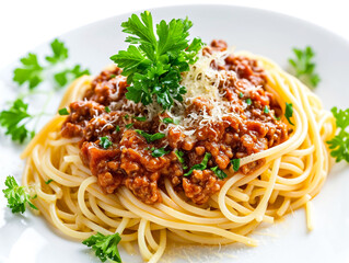 A plate of spaghetti with meat sauce and cheese. The dish is topped with a basil leaf.