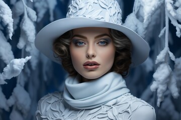 Wall Mural - Portrait of a fashionable and elegant girl, against the background of winter, branches with snow, face makeup, hat and dress, hairstyle, style and fashion