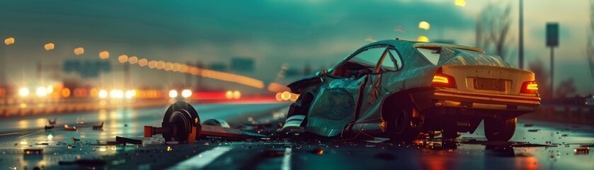 A totaled car being towed, highlighting the aftermath of severe accidents. Dramatic scene of a car crash on a rainy highway with blurred traffic lights in the background.