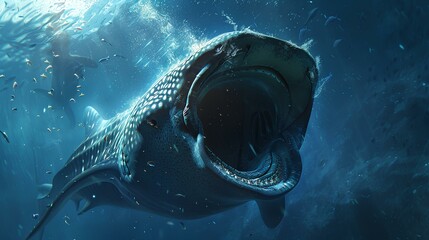 A magnificent whale shark gliding gracefully through the ocean depths, its enormous mouth filtering plankton from the water with ease.