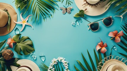 A border of vacation essentials, sunglasses, and tropical elements, with a spacious area for copy.