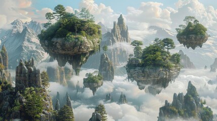 Wall Mural - Fantasy digital art of majestic floating mountain islands with lush greenery above a sea of clouds, in a serene atmosphere.