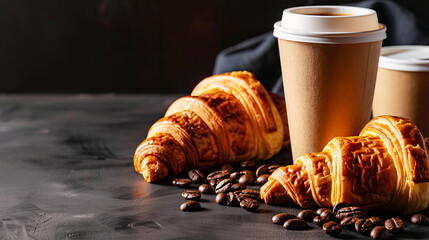 Two freshly baked croissants and a paper coffee cup on a dark wooden table with scattered coffee beans