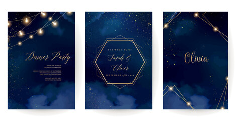 Magic night dark blue frames with sparkling glitter bokeh and light art. Square vector wedding cards. Gold confetti and navy backgrounds. Golden scattered Christmas dust. Fairytale magic star template