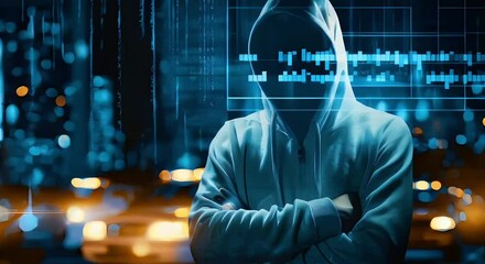 Technology concept, of a criminal hacker with arms closed, with blurred police cars on background, investigation, generative ai