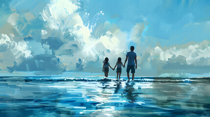 Wall Mural - Family holding hands and wading through ocean water