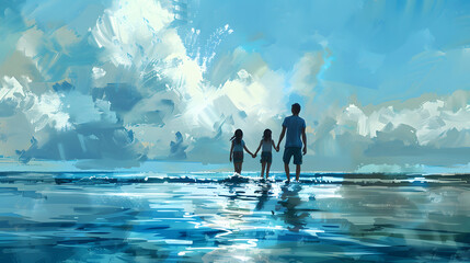 Sticker - Family holding hands and wading through ocean water