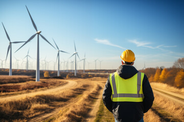 Engineers working with tablet on wind turbine farm background, Alternative energy sources concept, sustainability.