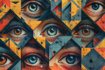 Poster - Abstract isometric cubes with integrated large eye symbols, creating a seamless pattern,