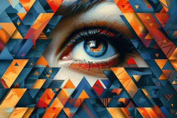 Fototapete - Seamless background featuring isometric triangles and stylized eye shapes,