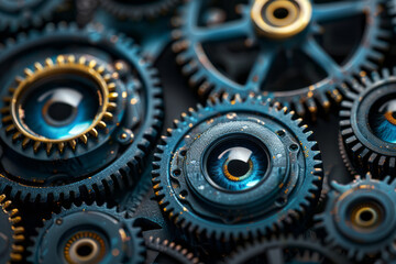 Fototapete - Minimalist isometric gears with eye icons in the center, arranged in a repeating grid,