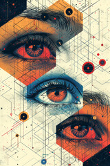Poster - Seamless pattern of isometric octagons with minimalist eye icons,
