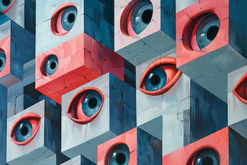 Poster - Isometric pattern of geometric prisms with integrated large eyes,