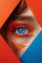 Poster - Minimalist isometric triangles with eye shapes, interspersed with geometric forms,