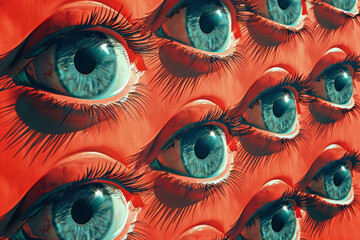 Poster - Seamless pattern of isometric pentagons with eye icons in the center,