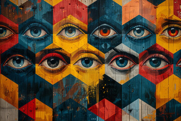 Poster - Seamless pattern of isometric pentagons with eye icons in the center,