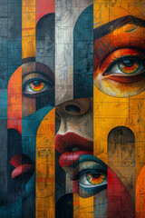 Poster - Isometric background featuring a repeating pattern of geometric shapes and eye symbols,