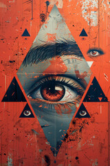 Poster - Minimalist isometric triangles with large eye symbols forming a seamless background,