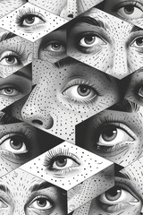 Aufkleber - Seamless pattern of isometric squares with simple eye symbols, creating a grid,