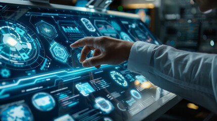 Close-up of a person's hand using a futuristic touchscreen interface with holographic data displays in a high-tech environment.  Person Interacting with Futuristic Touchscreen Interface

