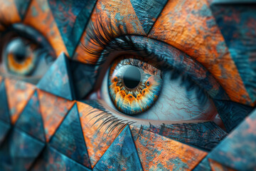 Poster - Seamless pattern of isometric triangles with large eye symbols, blending seamlessly,