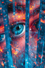 Poster - Isometric pattern of geometric shapes with interconnected eye icons forming a network,