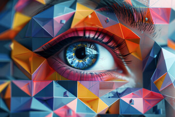 Poster - Abstract isometric pattern of cubes with large eye icons, creating a seamless background,