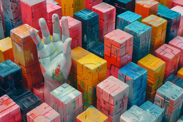 Aufkleber - Abstract isometric cubes with integrated energetic hand symbols, creating a seamless pattern,