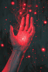 Poster - Seamless pattern of isometric octagons with minimalist hand icons releasing energy,