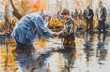 © InkCrafts - A man baptizes a young boy in a shallow river, surrounded by onlookers. The scene evokes a sense of faith and tradition.