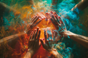 Poster - Abstract seamless background of hands forming overlapping circles, creating a sense of depth and energy,