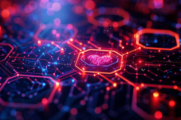 Fototapete - Seamless isometric pattern with heartbeat shapes in a hexagonal arrangement, highlighting connectivity,