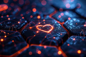 Fototapete - Seamless isometric pattern with heartbeat shapes in a hexagonal arrangement, highlighting connectivity,