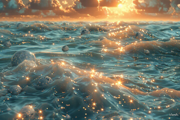 Aufkleber - Artistic depiction of a cosmic sea with waves made of shimmering stardust and floating asteroid