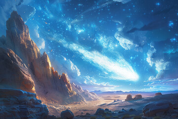 Wall Mural - Artistic rendering of a comet shaped like a sunbeam, streaking across a sky filled with cosmic clouds,