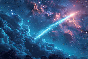 Poster - Artistic rendering of a comet shaped like a sunbeam, streaking across a sky filled with cosmic clouds,