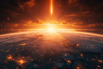 Poster - Illustration of a cosmic sunrise, with a giant star rising over the horizon of a distant planet, casting a golden glow,
