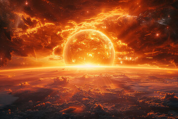 Poster - Illustration of a cosmic sunrise, with a giant star rising over the horizon of a distant planet, casting a golden glow,