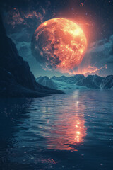 Aufkleber - Image of a planet with a surface resembling a calm sea, reflecting the light of multiple suns in a binary star system,