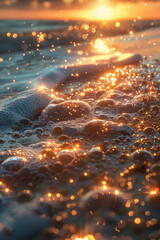 Wall Mural - Illustration of a cosmic beach with asteroid sand and a sea of liquid-like light, under the glow of a massive star,