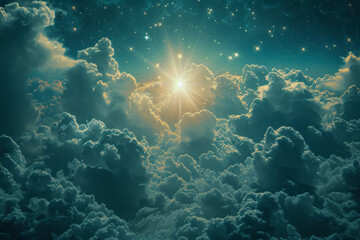 Aufkleber - Scene of a celestial sky filled with cloud-shaped nebulae and a bright, shining star at the center, resembling a perfect summer day,
