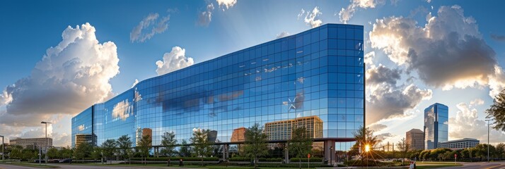 Wall Mural - A modern, sleek blue building with glass exterior situated by a road